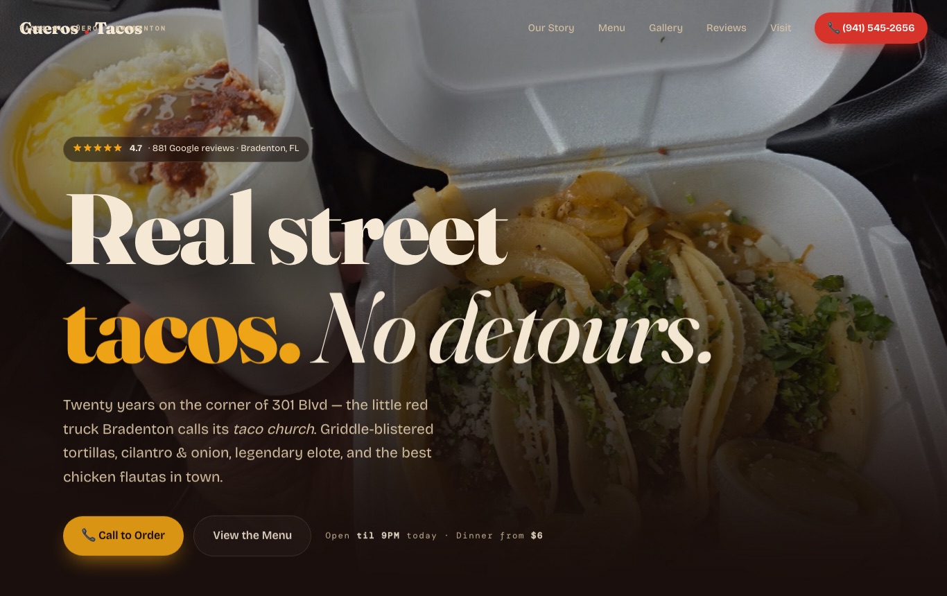 Gueros Tacos website screenshot